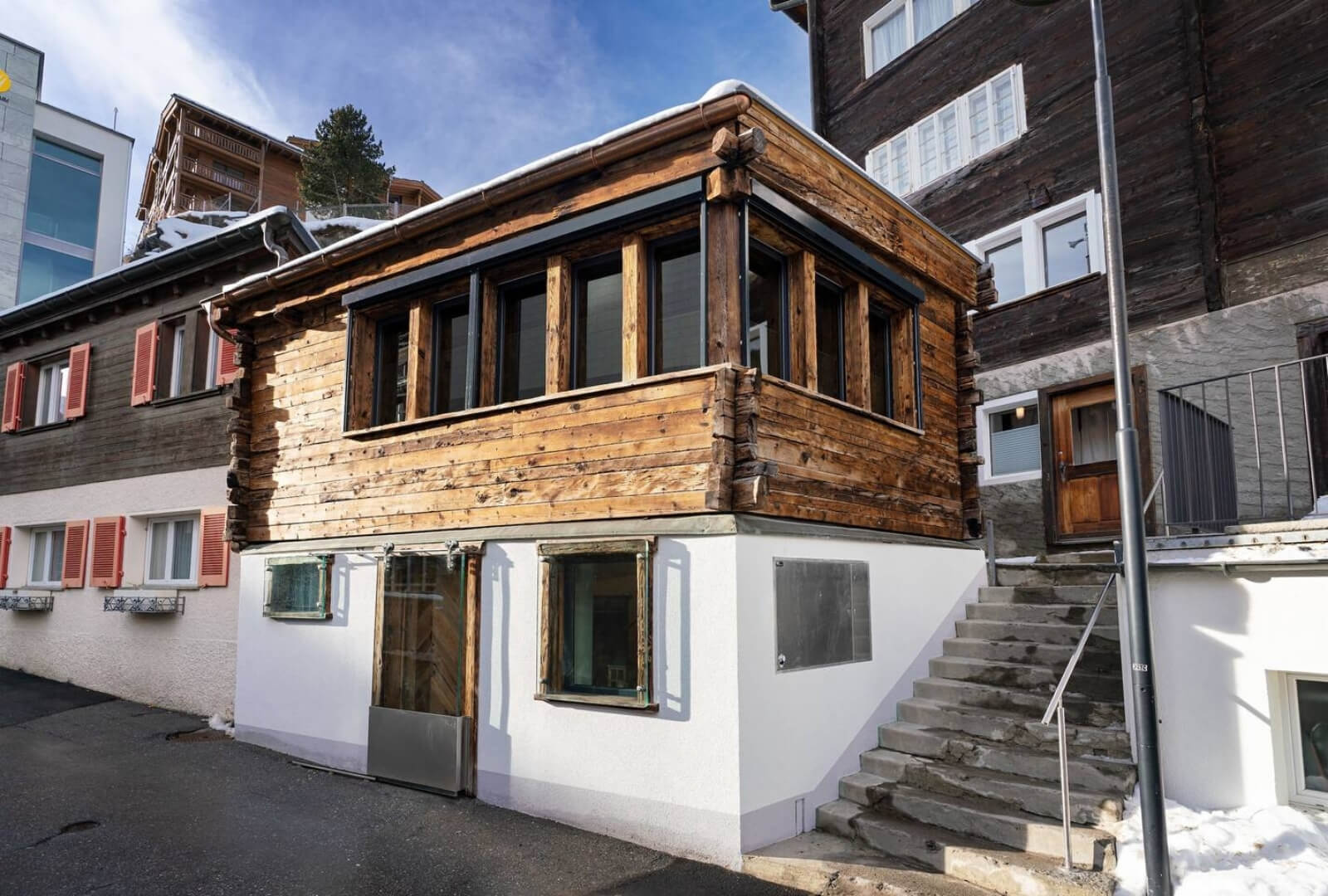 Authentic Swiss chalet facade of Zermatt Stays Modern Loft apartment in central Zermatt village